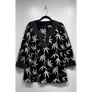 Talbots Blouse Women’s Size 16 Embroidered Bamboo Black White Top Coastal